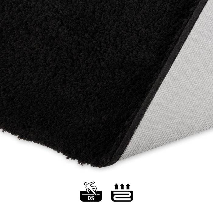 Nahaufnahme eines schwarzen strukturierten Stoffes mit umgeschlagenem Eckteil, das eine helle Unterseite zeigt, und zwei Icons darunter. Ein Icon zeigt 'DS', das andere Belüftung.