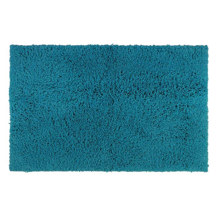Ein rechteckiger, plüschiger türkiser Teppich mit einer weichen, strukturierten Oberfläche, der für Heimdekoration oder Komfort unter den Füßen konzipiert ist.