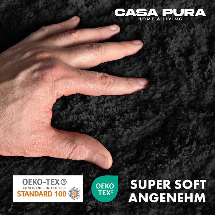 FLOORDIREKT Badematte Sky - Flauschiger Badvorleger mit dichtem Flor - Rund - Ø 95 cm - Schwarz