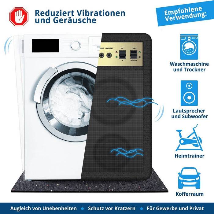 Bild einer vibrationsreduzierenden Matte mit Symbolen, die empfohlene Verwendungszwecke für Waschmaschinen, Trockner, Lautsprecher, Subwoofer, Heimtrainer und Koffer zeigen.