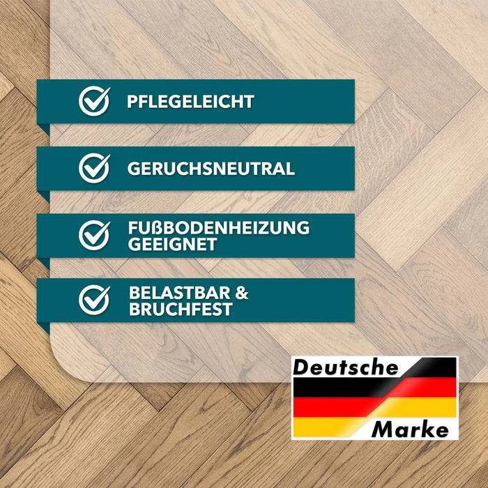 Pflegeleicht', 'Geruchsneutral', 'Für Fußbodenheizung geeignet', 'Belastbar & bruchfest' mit deutscher Flagge, auf Holzbodendesign.