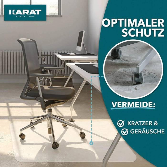 Bürostuhl auf einer Matte neben einem Schreibtisch. Der Text im Bild hebt den Schutz vor Kratzern und Lärm auf dem Boden hervor.