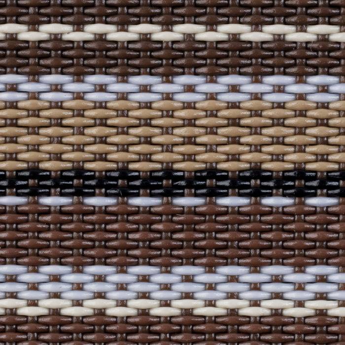 Nahaufnahme eines Webmusters mit horizontalen Streifen in Braun-, Beige-, Weiß- und Schwarztönen.