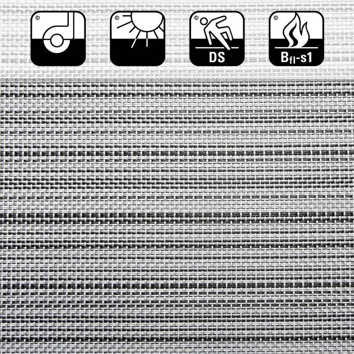 Nahaufnahme von gewebtem Stoff mit vier Symbolen oben: Sonne, Hand mit DS, Flamme mit „Bfl-s1