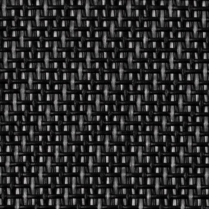 Nahaufnahme von schwarzem gewebtem Stoff mit gitterartigem Muster, das eng verflochtene Fasern zeigt, die eine strukturierte, langlebige Oberfläche schaffen.