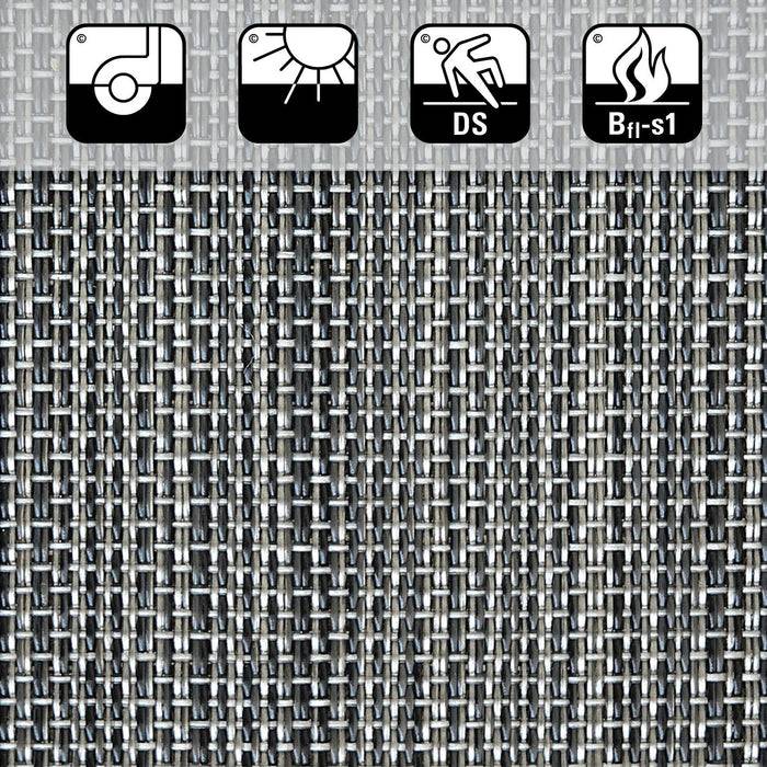 „Nahaufnahme eines strukturierten, gewebten Materials mit Symbolen oben: langlebig, Sonnenschutz, DS-Standard, Bfl-s1 Brandschutzklassifizierung.