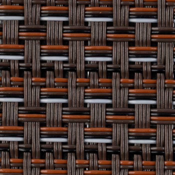 Nahaufnahme einer gewebten Textur mit braunen, orangefarbenen und grauen Fäden, die in einem Schachbrettmuster verflochten sind.