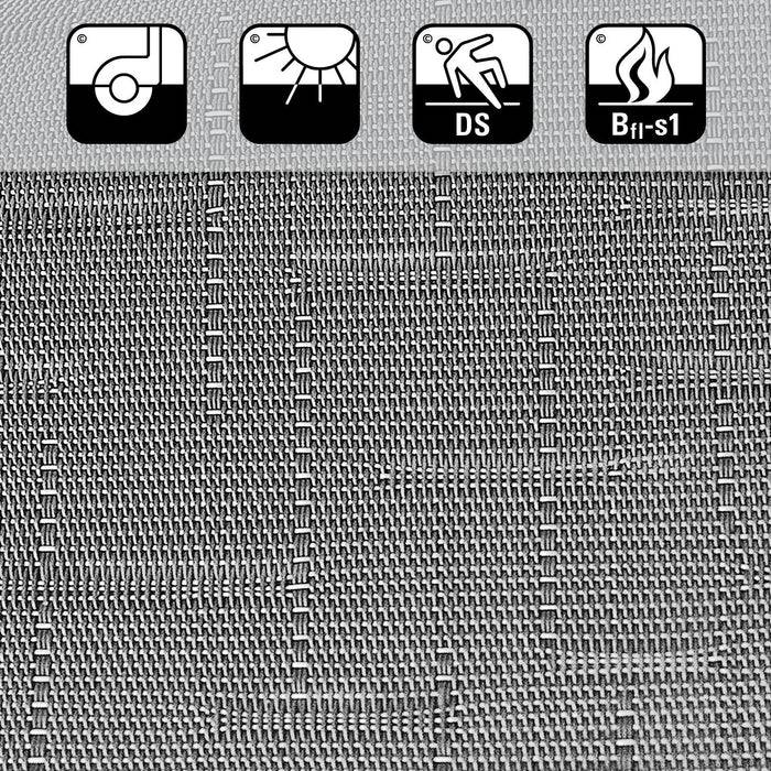 Nahaufnahme eines gewebten Stoffes mit Symbolen oben, die verschiedene Eigenschaften anzeigen: Haltbarkeit, Sonnenschutz und Brandbeständigkeit.