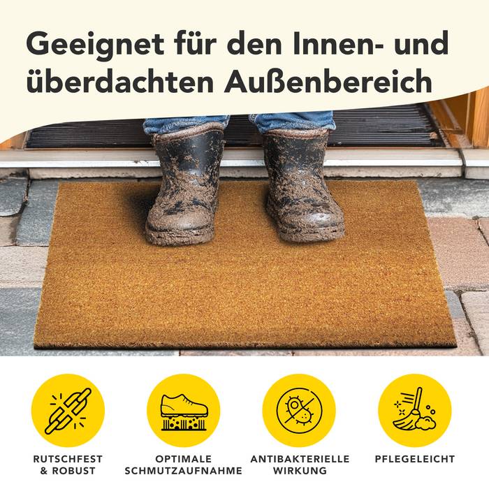 Eine Person steht auf einer Fußmatte mit verschmutzten Stiefeln und hebt Merkmale wie Rutschhemmung, Schmutzaufnahme, antibakterielle Wirkung und einfache Pflege hervor.