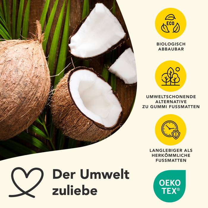 Kokosnussschale und -hälften auf Gras neben umweltfreundlichen Etiketten: 'Biologisch abbaubar', 'Umweltschonende Alternative zu Gummi Fußmatten', 'Langlebiger als Gummi', 'OEKO TEX'.