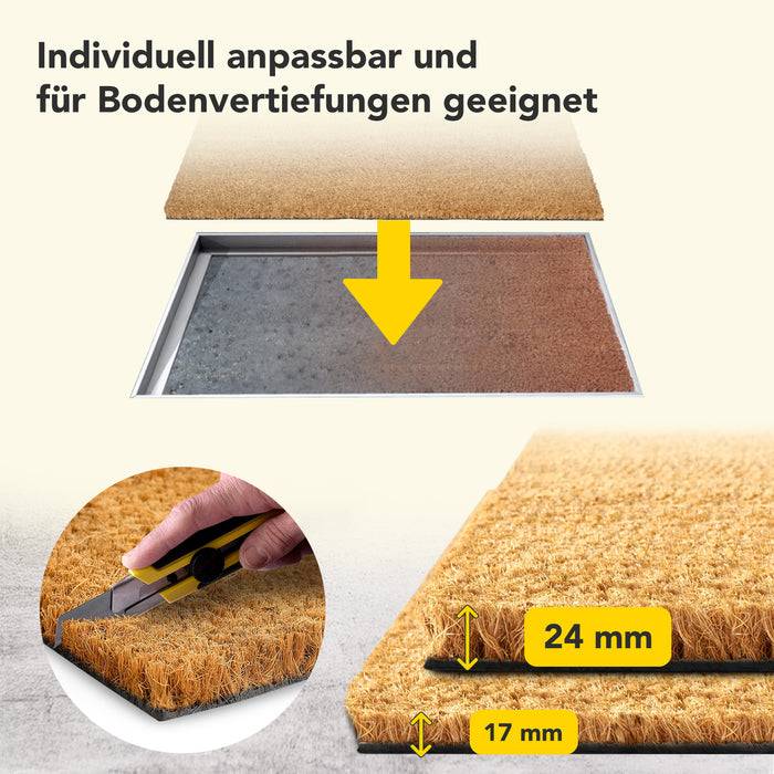 Ein anpassbarer Bodenmatte, geeignet für unterschiedliche Tiefe, mit Maßen von 24mm und 17mm. Das Bild zeigt Installation und Trimmen.