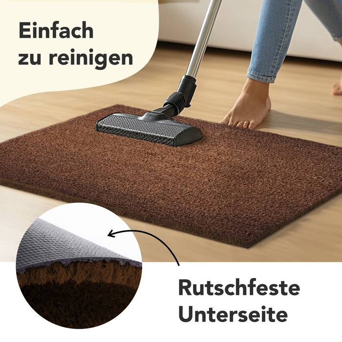 Eine Person reinigt einen braunen Teppich mit einem Staubsauger auf einem Holzboden. Der Text lautet „Einfach zu reinigen