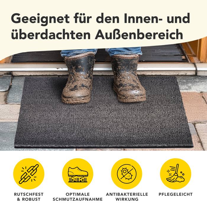 Eine Person, die auf einer Fußmatte in einer Türöffnung steht; der Text auf Deutsch oben besagt, dass sie für Innen- und überdachte Außenbereiche geeignet ist. Icons unten heben folgende Merkmale hervor: rutschfest, schmutzabsorbierend, antibakteriell, pflegeleicht.
