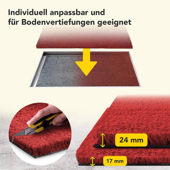 Roter Teppich wird für die Bodenverlegung zugeschnitten. Text oben: Individuell anpassbar und für Bodenvertiefungen geeignet. Dicke: 24mm, 17mm.