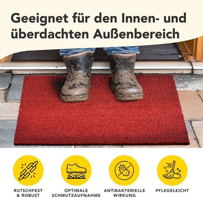 FLOORDIREKT Fußmatte Kokos - 100 % natürliche Kokosfasern - Rutschfest & Pflegeleicht - 80 x 100 cm - 17 mm - Rot