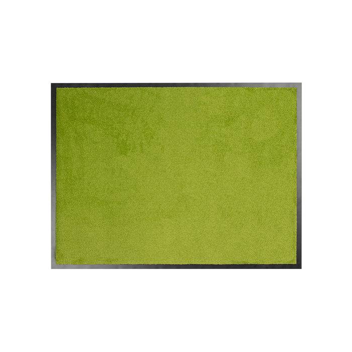 Eine rechteckige Türmatte mit einer leuchtend grünen Oberfläche und einem schwarzen Rand.