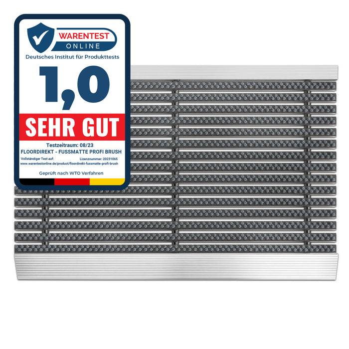 Produktverpackung zeigt Testergebnis von 'Warentest' mit einer Bewertung von 1,0, gekennzeichnet als 'Sehr gut'. Es handelt sich um einen FlourDirect Profi Pinsel mit sichtbarer Pinseltextur.