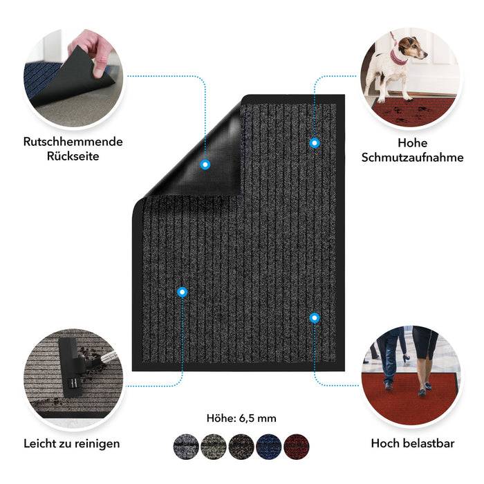 Ein Schnittdiagramm einer Fußmatte mit beschrifteten Merkmalen: rutschfeste Rückseite, hohe Schmutzaufnahme, leicht zu reinigen, hohe Haltbarkeit; Höhe beträgt 6,5 mm.