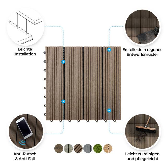 Braune Terrassenplatten werden mit folgenden Eigenschaften dargestellt: einfache Installation, anpassbare Muster, rutschfest, leicht zu reinigen.