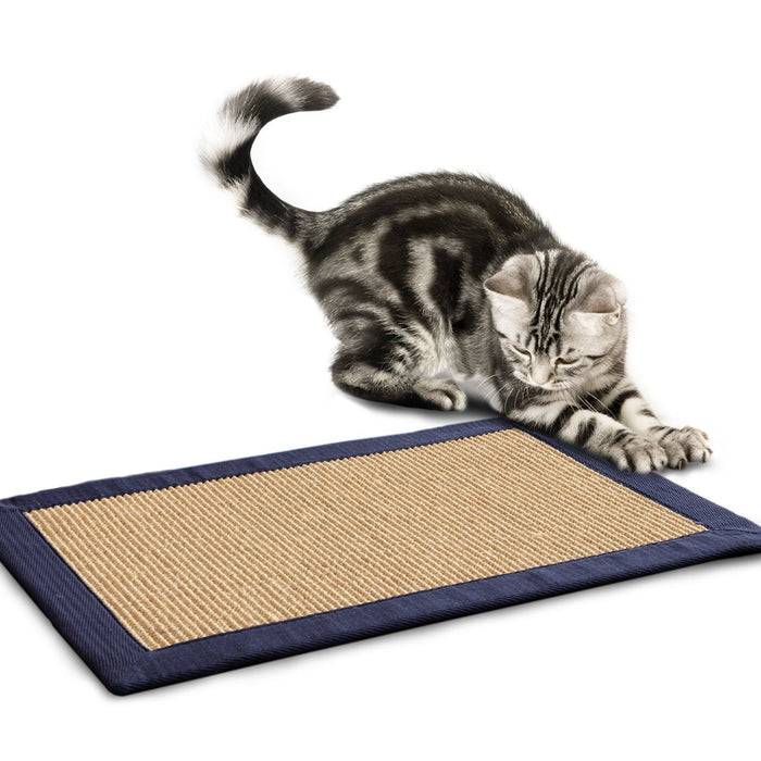 Eine Katze mit gestreiftem Fell streckt sich und kratzt auf einer rechteckigen beige-blauen Matte auf weißem Hintergrund.