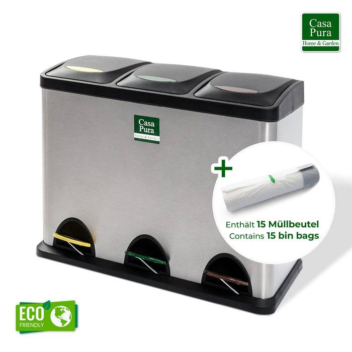 Dreiteiliger Edelstahl-Mülleimer mit separaten Deckeln. Enthält '15 Müllbeutel' (15 Müllsäcke). Umweltfreundliches Etikett vorhanden.