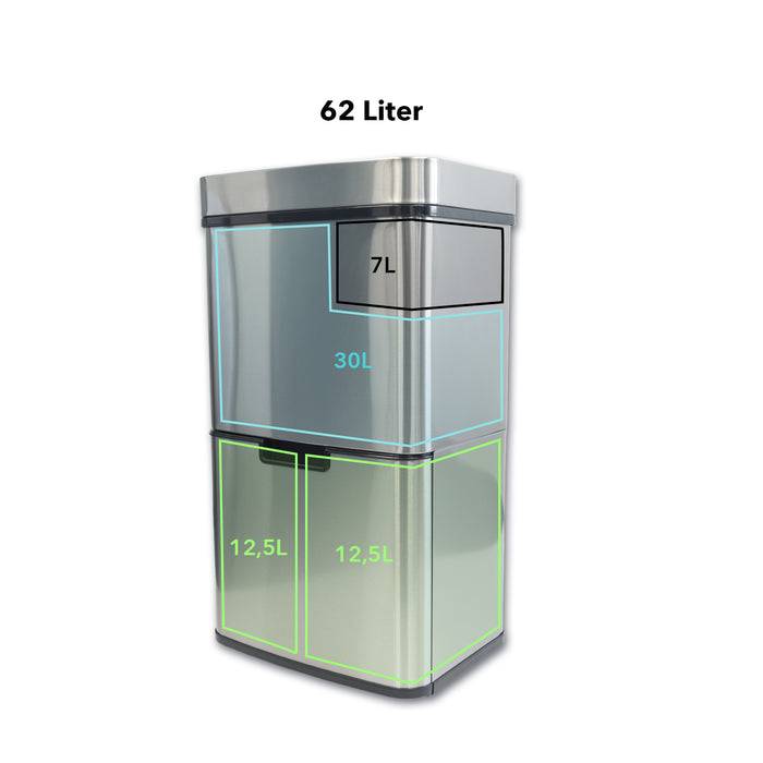 FLOORDIREKT Mülleimer Dirk - Mit Bewegungssensor für hygienisches Öffnen - Aus hochwertigem Edelstahl - 62 Liter