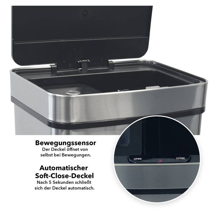 Ein Edelstahl-Mülleimer mit offenem Deckel verfügt über einen Bewegungsmelder und eine automatische Soft-Close-Funktion, die sich nach 5 Sekunden schließt.