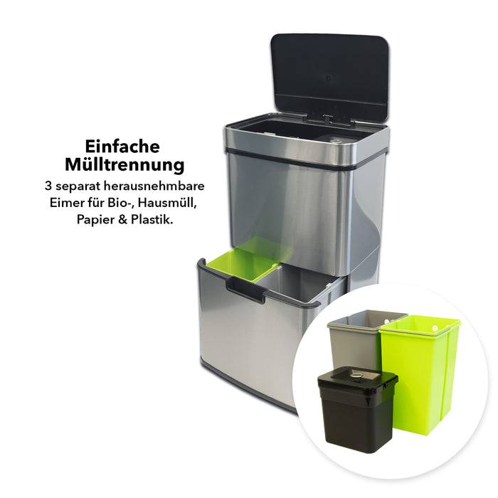 Ein metallischer Recyclingbehälter mit drei Fächern zur Sortierung: Bio-, Haushalts-, Papier- und Kunststoffabfall. Ein Fach ist hellgrün.