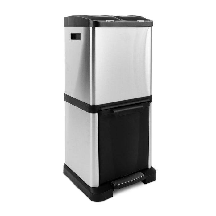 Ein Edelstahl-Recyclingbehälter mit Doppelkammern-Design, ausgestattet mit einem Fußpedal und abnehmbarem Deckel für getrennte Abfallwirtschaft.