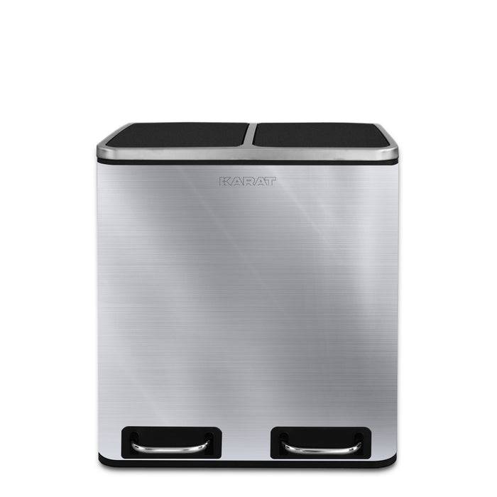 Edelstahlabfallbehälter mit zwei Fächern und Tretpedalen für berührungsloses Öffnen.