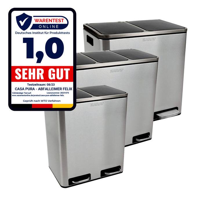 Drei Metallmülltonnen in verschiedenen Größen mit einem Aufkleber der Bewertung „1,0 SEHR GUT