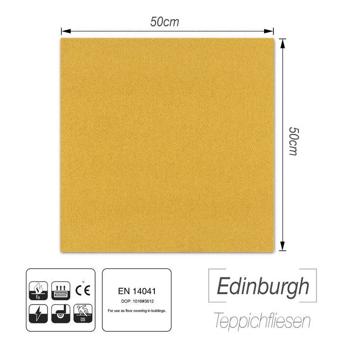 Eine quadratische gelbe Teppichfliese mit der Bezeichnung „Edinburgh Teppichfliesen
