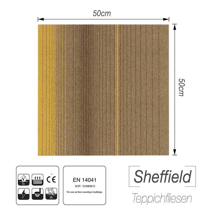 FLOORDIREKT Teppichfliesen Sheffield - Robust und Pflegeleicht - Rutschhemmende Rückseite - 50 x 50 cm - Gelb