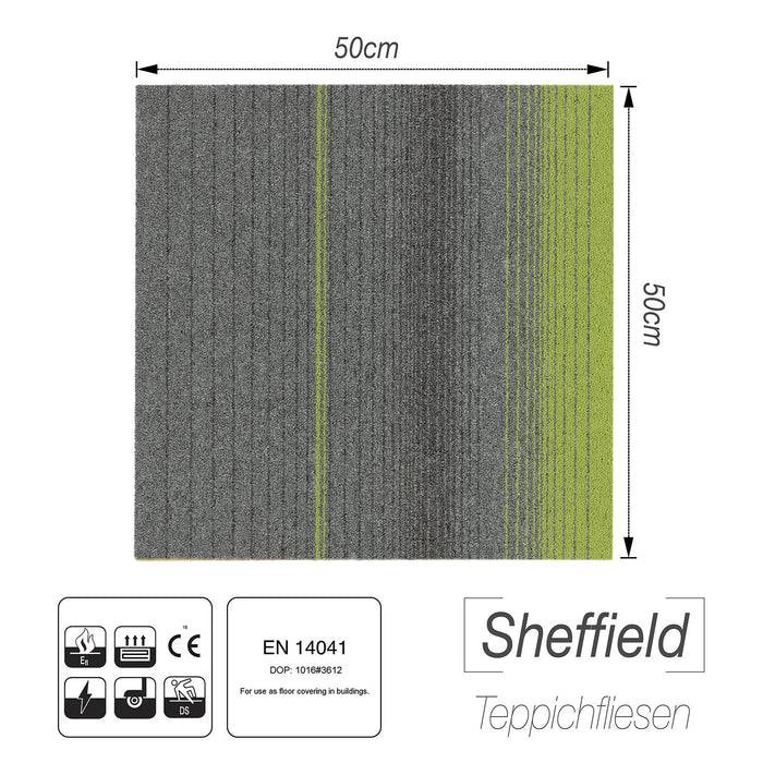 Eine Teppichfliese mit Streifen in Grau und Grün misst 50 cm x 50 cm. Der Text darunter lautet „Sheffield Teppichfliesen