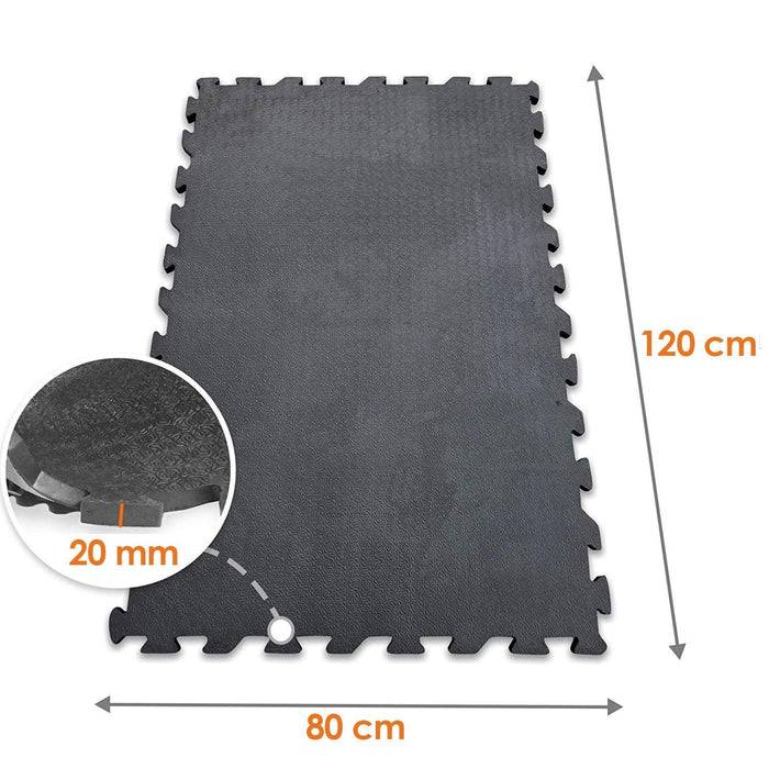 Eva schwarze Puzzle-Trainingsmatte mit den Abmessungen 120 cm x 80 cm und einer Dicke von 20 mm in einer detaillierten Nahaufnahme gezeigt.