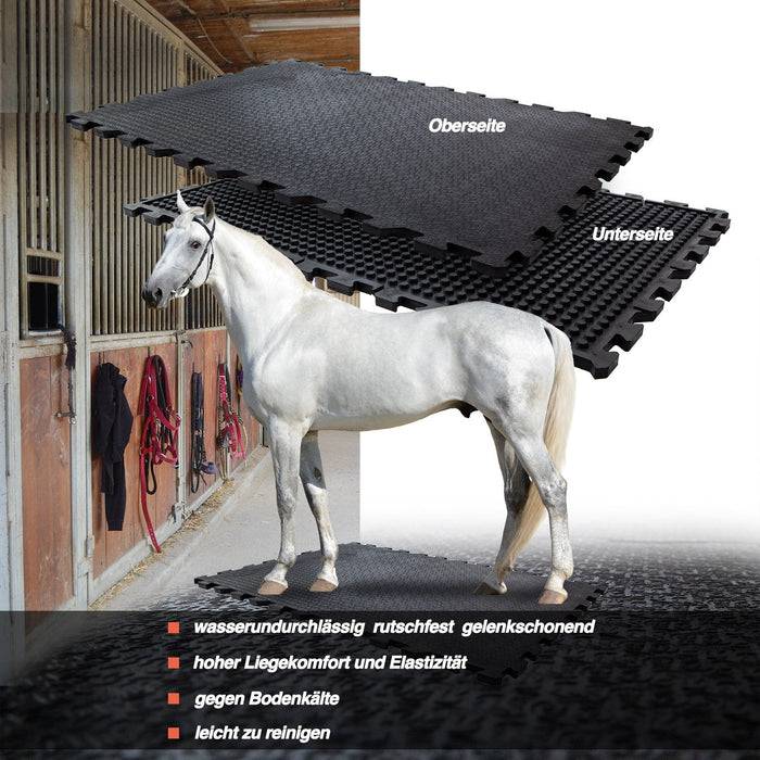 Ein weißes Pferd steht auf schwarzen verschlungenen Bodenmatten mit den Aufschriften 