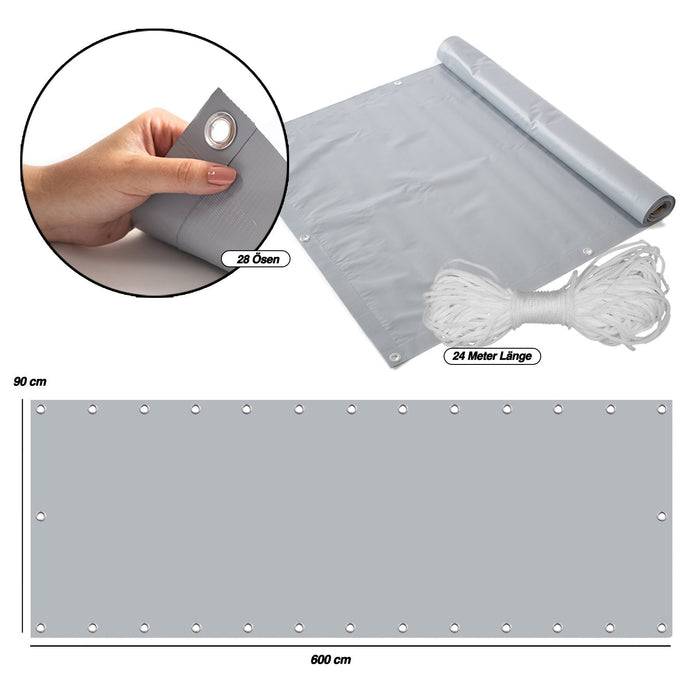 FLOORDIREKT PVC-Balkonsichtschutz - Sicht- & Windschutz - Inklusive stabiler Metallösen & Befestigungsschnur - Anthrazit - 90 x 600 cm