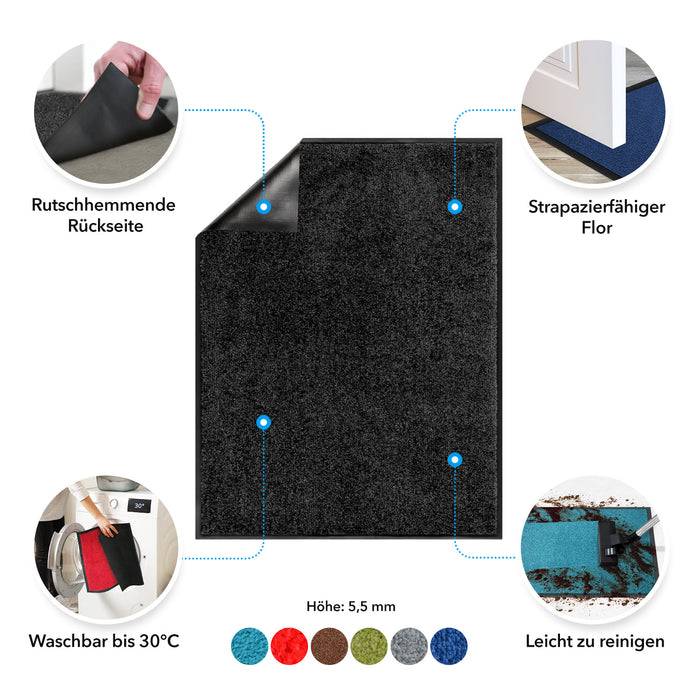 Rutschsicherer Rücken', 'Strapazierfähiger Flor', 'Leicht zu reinigen', 'Waschbar bis 30°C'. Höhe: 5,5 mm. Gezeigte Farben.