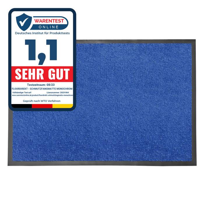 Eine blaue Matte mit einem Etikett, das 