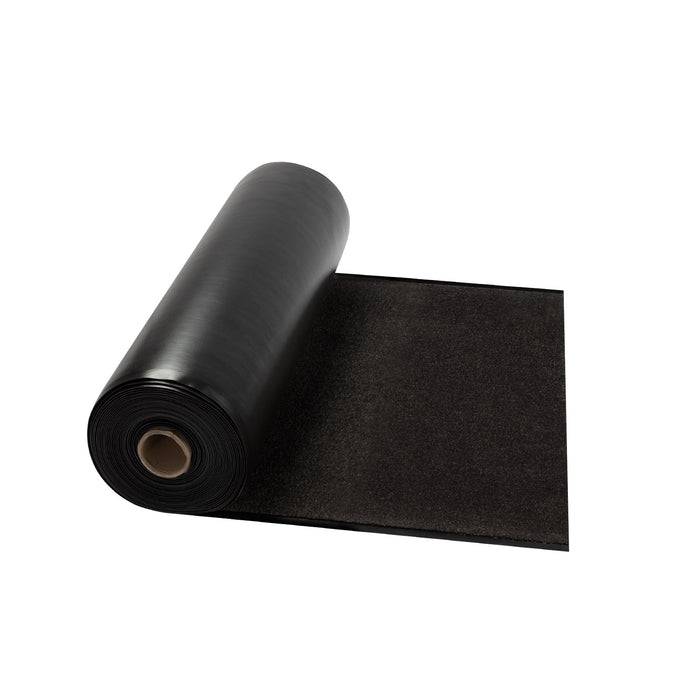 Ein ausgerolltes schwarzes Dachpappe-Material, das teilweise abgerollt ist und eine glatte und glänzende Oberfläche zeigt, wird zur Abdichtung von Dächern verwendet.