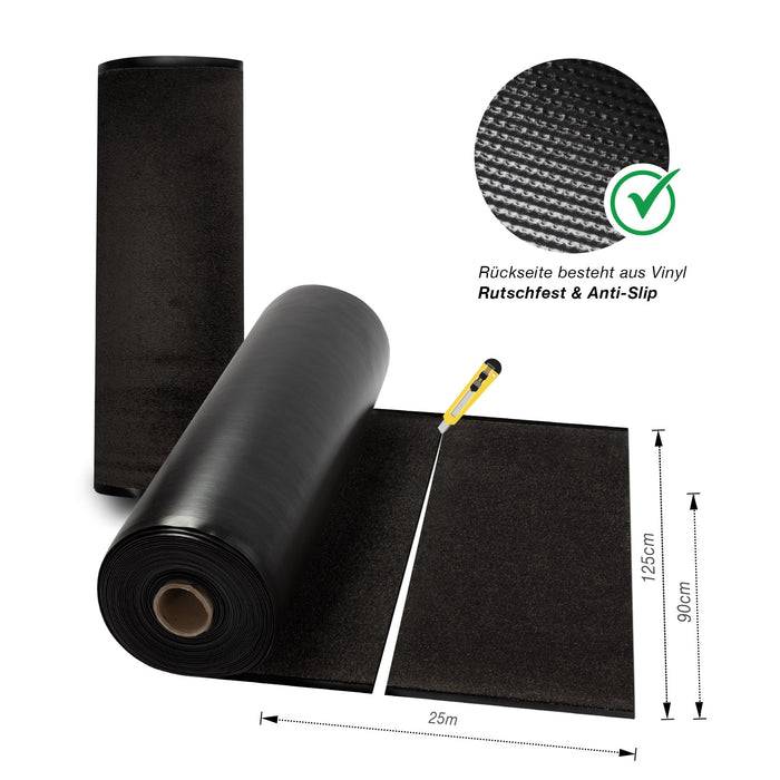 Schwarze Vinylrolle; rutschfeste Oberfläche; Abmessungen: 25 m Länge, 125 cm Breite und 90 cm Breite; inklusive Schneidewerkzeug; Deutsche Texthinweise zur Vinylrückseite.