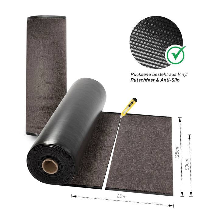 Rolle aus rutschfestem Vinyl-Belag, 25m lang und 90cm breit, mit einem Cutter-Messer in der Nähe. Der Text in Deutsch hebt 