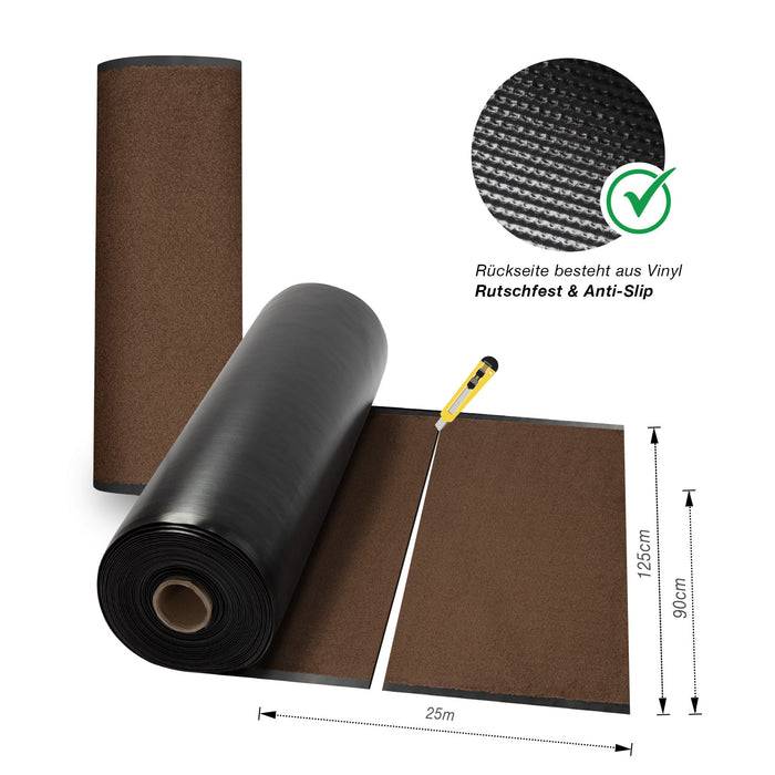 Eine Rolle braune Matte mit schwarzer Rückseite wird gezeigt. Die Matte hat eine Länge von 25 m und eine Breite von 90 cm. Ein Universalmesser liegt daneben.