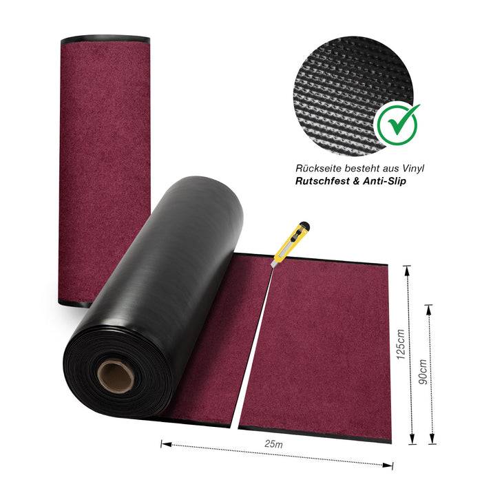 Roter Teppichlauf mit schwarzem rutschfestem Vinylrücken. Inklusive Universalmesser. Abmessungen: 25m Länge, 90-125cm Breite.