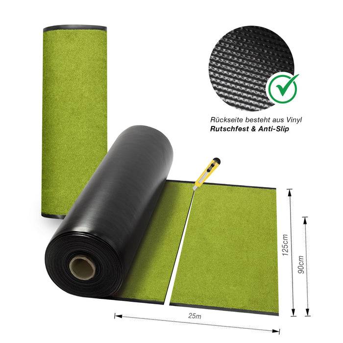 Grüne Vinylrolle mit rutschfestem schwarzem Rücken, 125cm x 25m, Schneider abgebildet. Text: Rückseite besteht aus Vinyl, rutschfest & Anti-Slip.