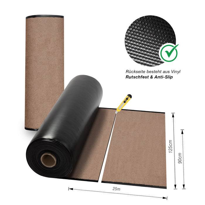 Eine Rolle beige Vinyl-Matte mit schwarzer Rückseite, beschriftet mit „Rutschfest & Anti-Slip