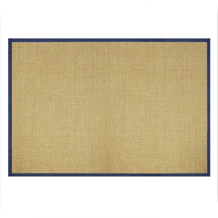 Ein beiges Rechteck mit dunkelblauem Rand, das an eine strukturierte Anschlagtafel oder eine Matte erinnert.