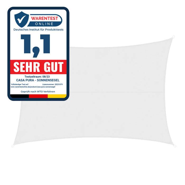 Ein rechteckiges weißes Sonnensegel. Ein Etikett zeigt, dass es eine 