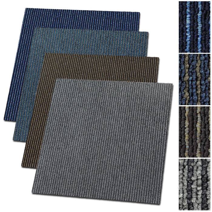 Vier Teppichmuster in Blau-, Braun- und Grautönen sind in einer gestaffelten Anordnung angeordnet, mit zusätzlichen Texturmustern auf der rechten Seite.