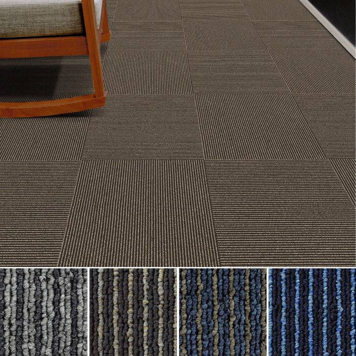 Ein geometrisches Teppichdesign mit Quadraten und vertikalen sowie horizontalen Linien in verschiedenen Brauntönen, das ein strukturiertes Muster erzeugt.